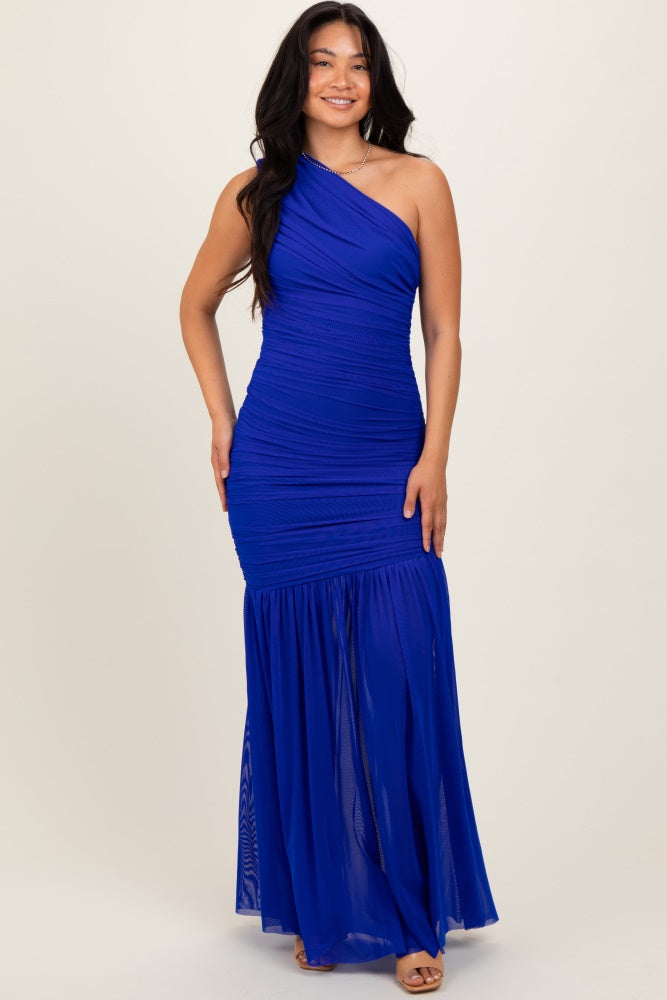 Three Little Tots Royal Blue Ruched Mesh One Shoulder Maternity Maxi Dress, additional view
