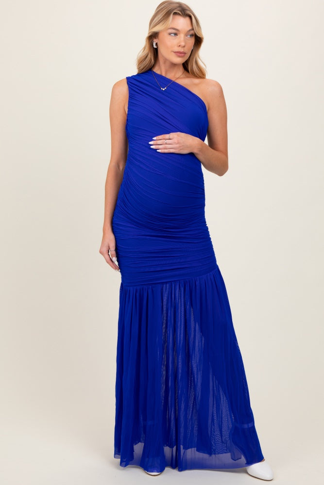 Three Little Tots Royal Blue Ruched Mesh One Shoulder Maternity Maxi Dress