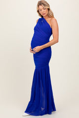 Three Little Tots Royal Blue Ruched Mesh One Shoulder Maternity Maxi Dress, additional product photo