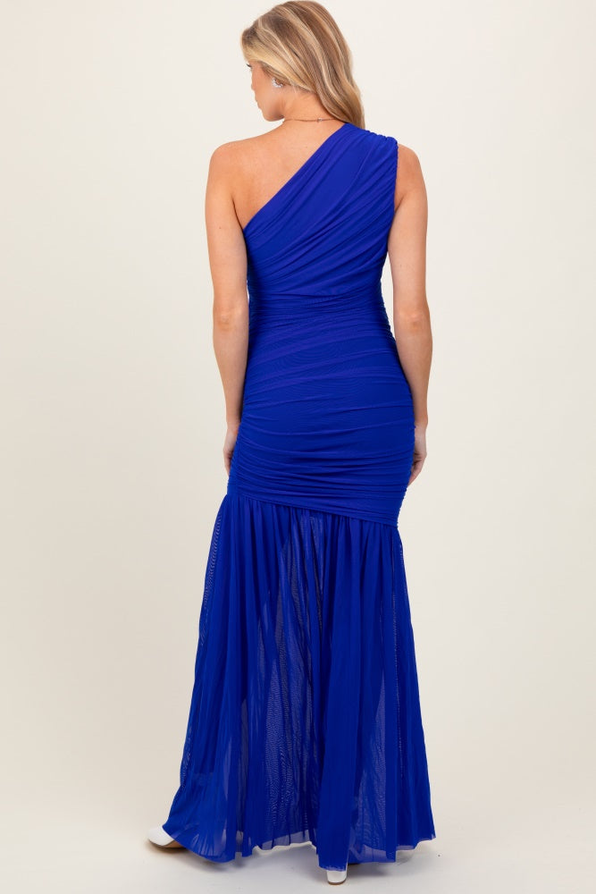 Three Little Tots Royal Blue Ruched Mesh One Shoulder Maternity Maxi Dress, alternate angle