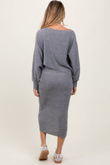 Three Little Tots Heather Grey Ribbed Knit Asymmetric Top Midi Skirt Maternity Set, alternate angle
