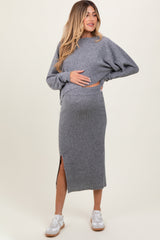 Three Little Tots Heather Grey Ribbed Knit Asymmetric Top Midi Skirt Maternity Set