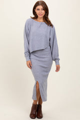Three Little Tots Light Grey Ribbed Knit Asymmetric Top Midi Skirt Maternity Set, alternate angle