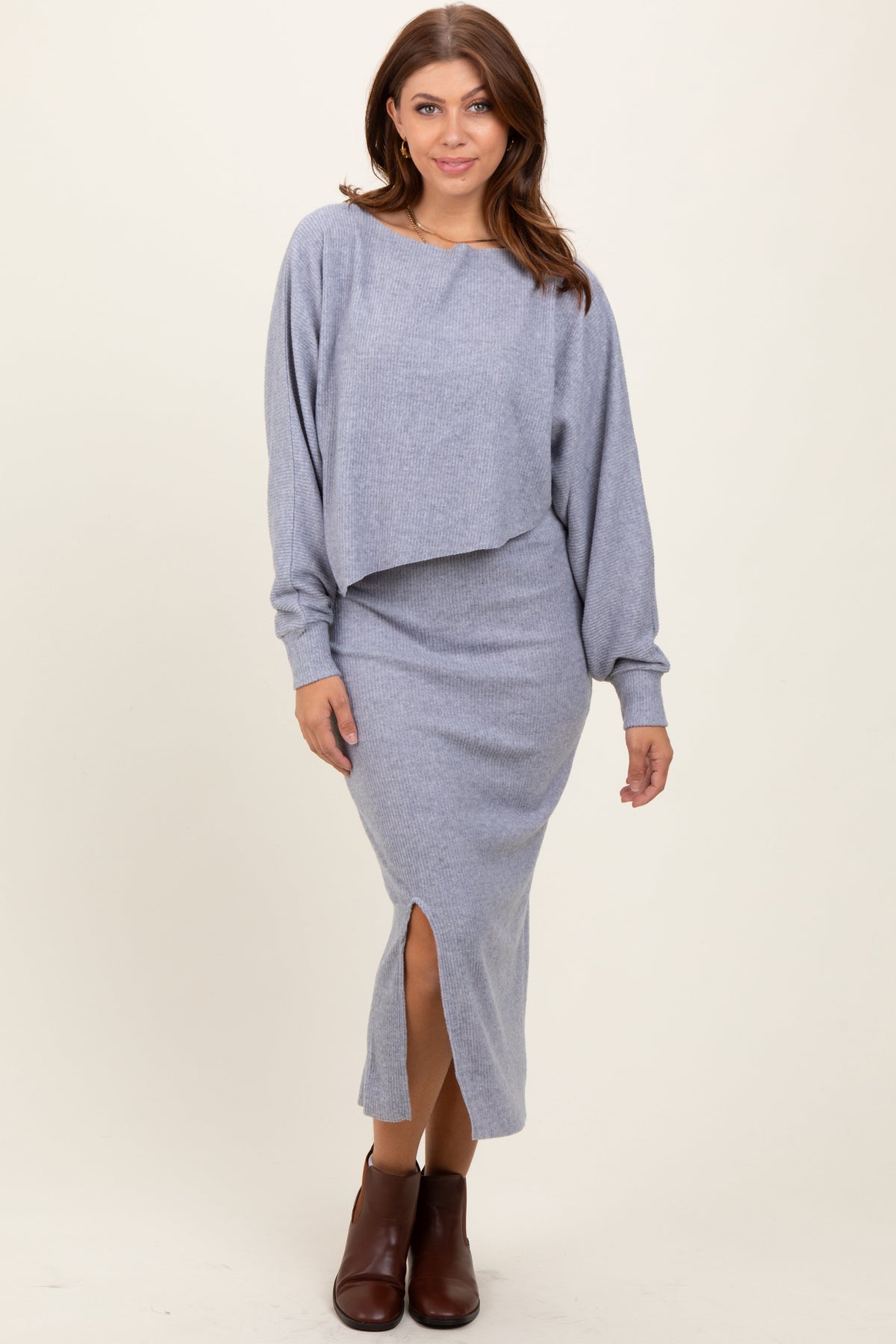Three Little Tots Light Grey Ribbed Knit Asymmetric Top Midi Skirt Maternity Set, alternate angle