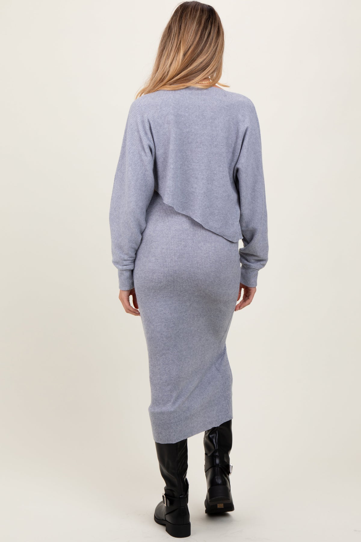 Three Little Tots Light Grey Ribbed Knit Asymmetric Top Midi Skirt Maternity Set, additional product photo