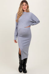 Three Little Tots Light Grey Ribbed Knit Asymmetric Top Midi Skirt Maternity Set