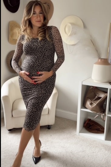 Three Little Tots Black Leopard Print Mesh Long Sleeve Maternity Midi Dress, supplementary photo