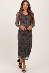 Three Little Tots Black Leopard Print Mesh Long Sleeve Maternity Midi Dress, additional view