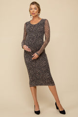 Three Little Tots Black Leopard Print Mesh Long Sleeve Maternity Midi Dress, additional product photo