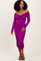 Three Little Tots Purple Off Shoulder Ruched Long Sleeve Maternity Midi Dress, alternate angle
