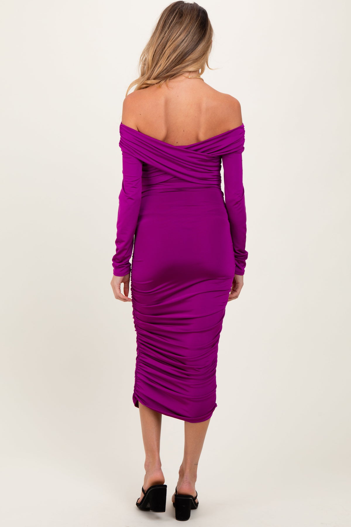 Three Little Tots Purple Off Shoulder Ruched Long Sleeve Maternity Midi Dress, additional product photo