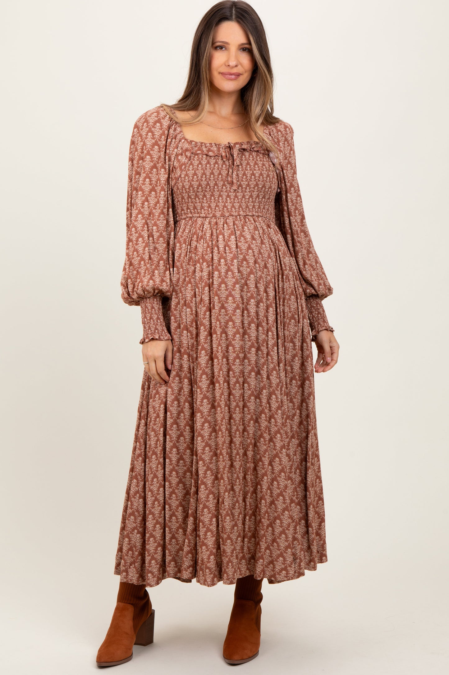 Three Little Tots Mocha Damask Print Smocked Ruffle Accent Maternity Maxi Dress, additional product photo