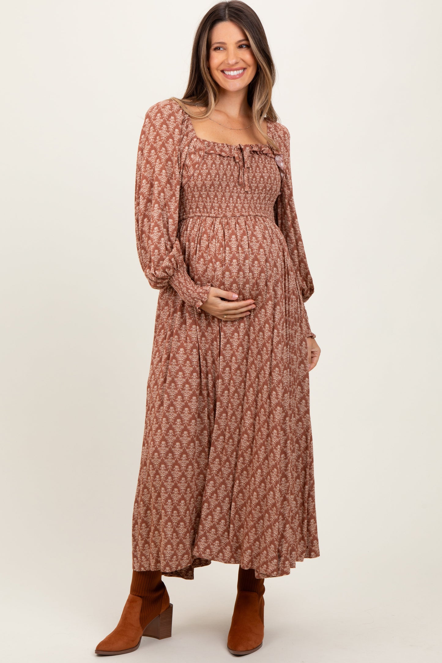 Three Little Tots Mocha Damask Print Smocked Ruffle Accent Maternity Maxi Dress