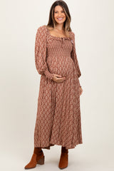 Three Little Tots Mocha Damask Print Smocked Ruffle Accent Maternity Maxi Dress