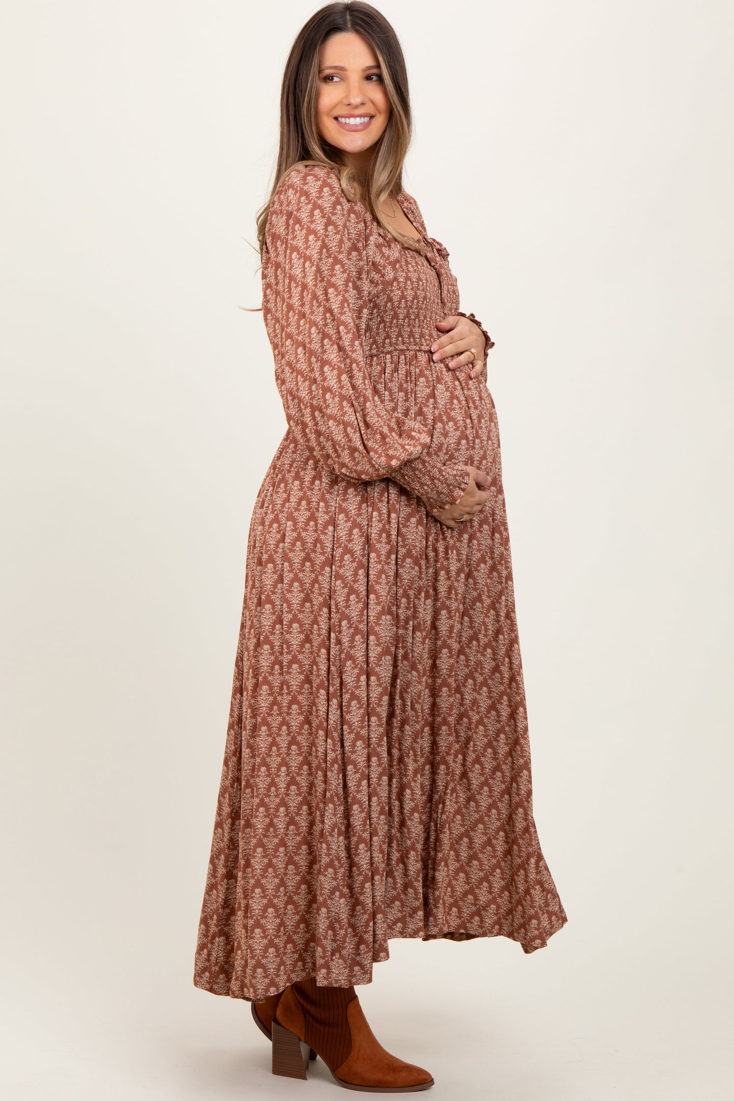 Three Little Tots Mocha Damask Print Smocked Ruffle Accent Maternity Maxi Dress, alternate angle