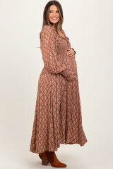 Three Little Tots Mocha Damask Print Smocked Ruffle Accent Maternity Maxi Dress, alternate angle