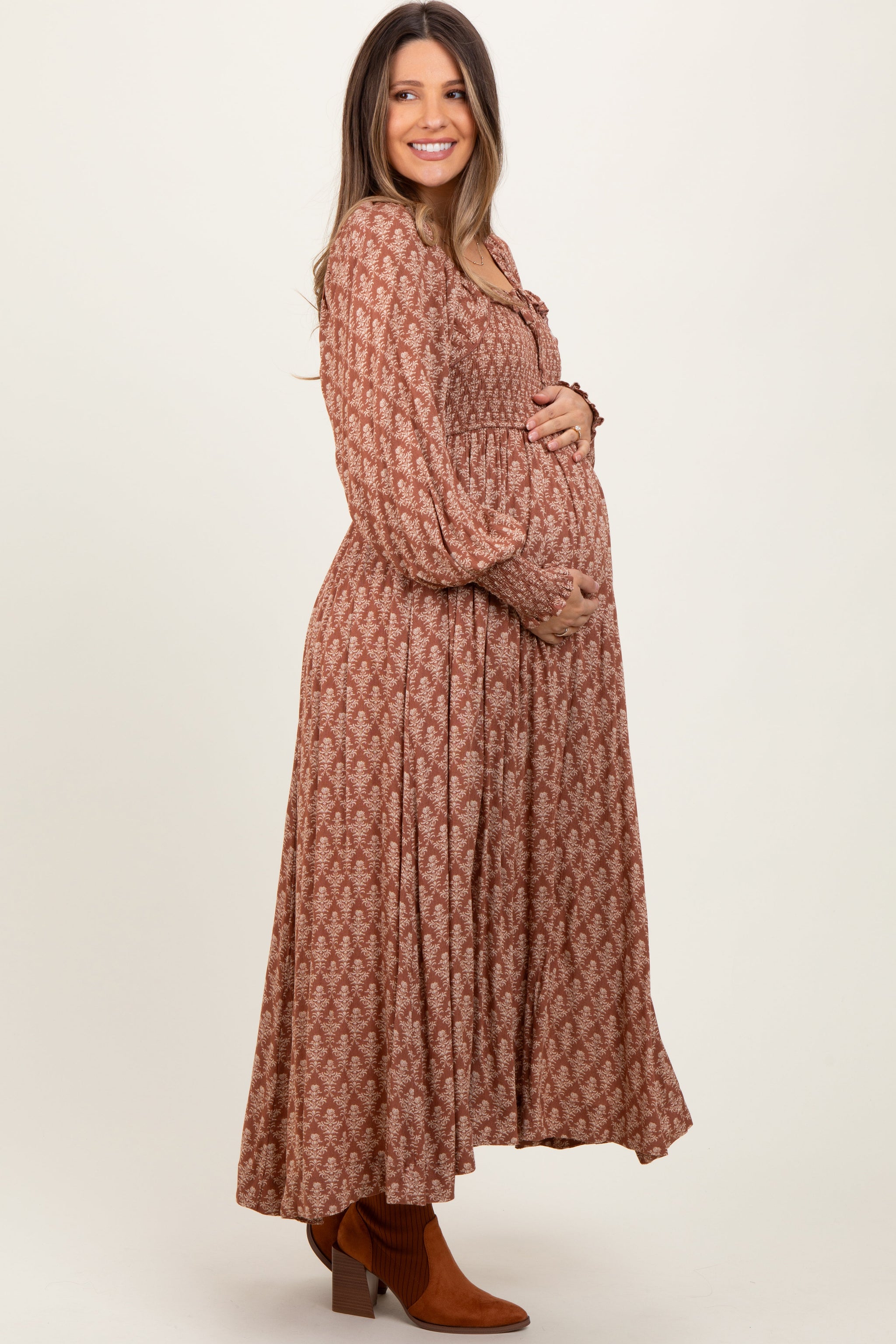 Three Little Tots Mocha Damask Print Smocked Ruffle Accent Maternity Maxi Dress, alternate angle