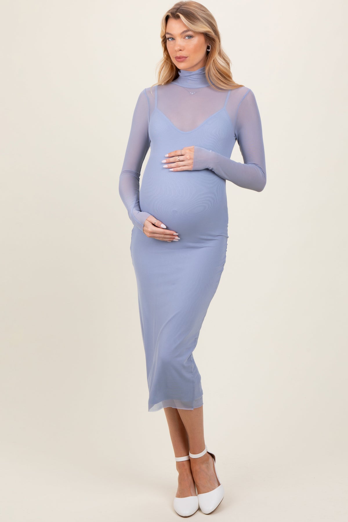 Three Little Tots Light Blue Mesh Overlay Fitted Maternity Midi Dress