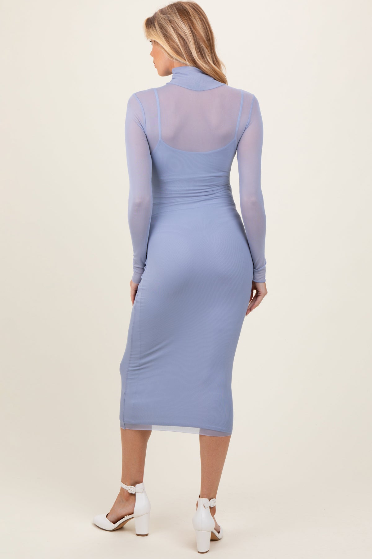 Three Little Tots Light Blue Mesh Overlay Fitted Maternity Midi Dress, additional view