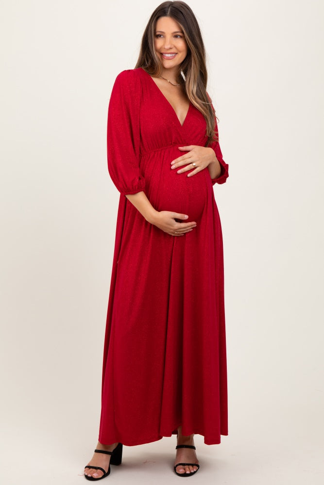 Three Little Tots Red Glitter V-Neck Maternity Maxi Dress, additional product photo