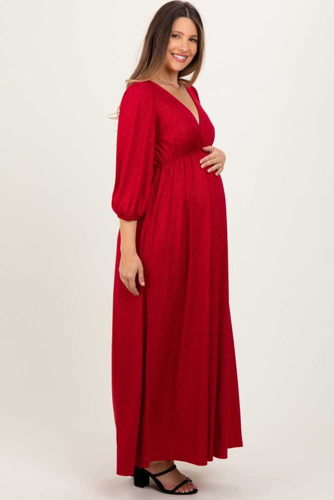 Three Little Tots Red Glitter V-Neck Maternity Maxi Dress, alternate angle