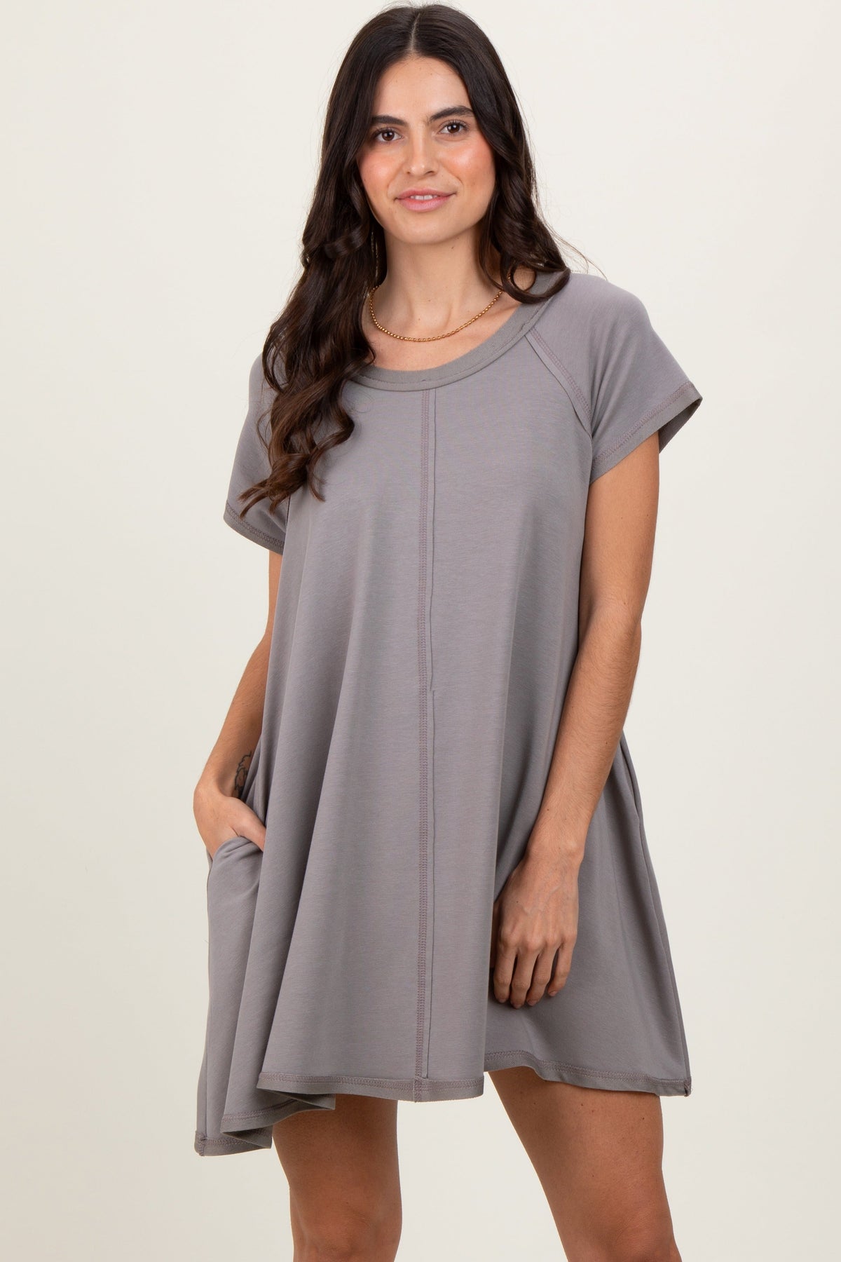 Three Little Tots Mocha French Terry Basic Short Sleeve Maternity Mini Dress, alternate angle