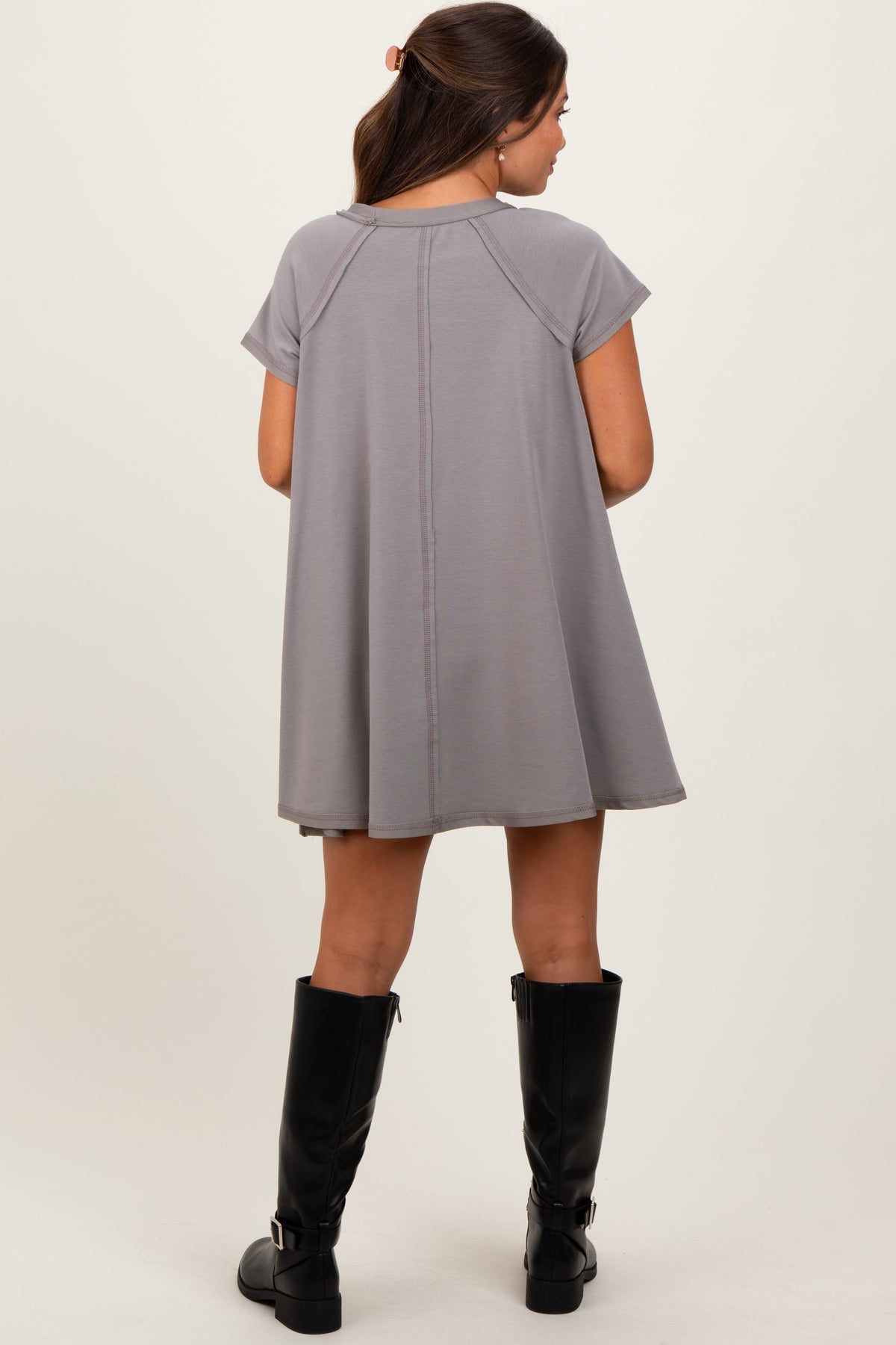 Three Little Tots Mocha French Terry Basic Short Sleeve Maternity Mini Dress, additional product photo