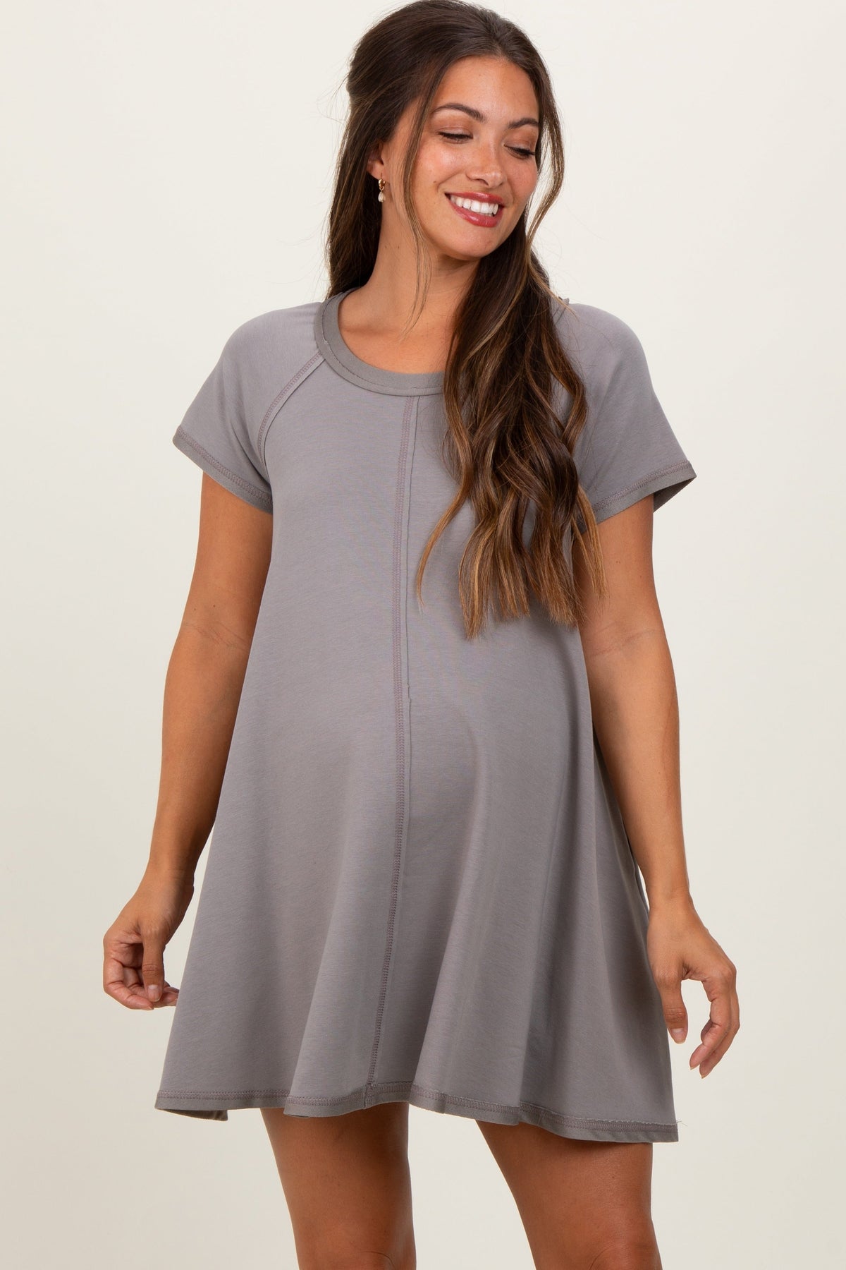 Three Little Tots Mocha French Terry Basic Short Sleeve Maternity Mini Dress