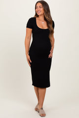 Three Little Tots Black Square Neck Side Slit Maternity Midi Dress, alternate angle