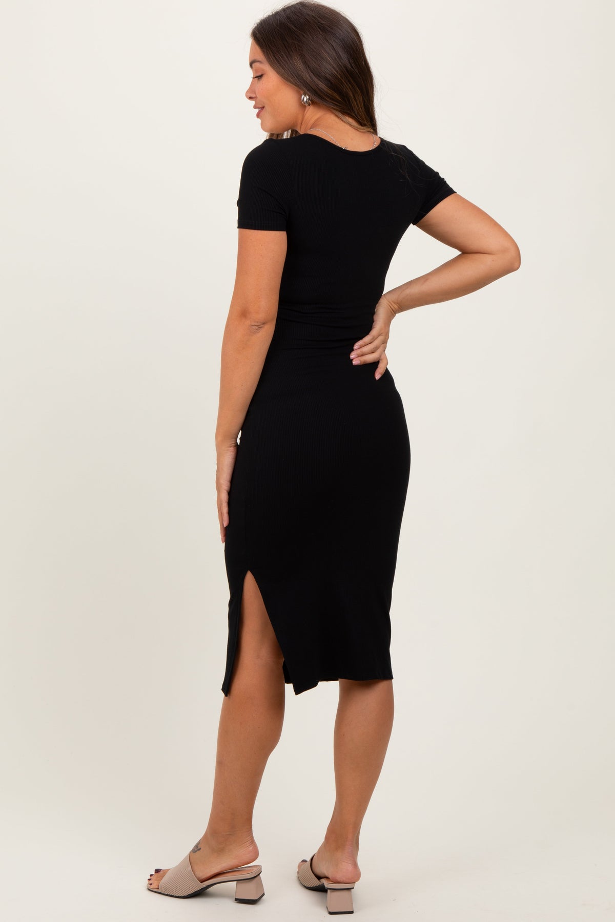Three Little Tots Black Square Neck Side Slit Maternity Midi Dress, additional view