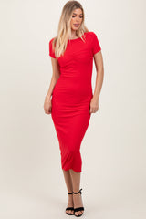 Three Little Tots Red Ruched Bust Short Sleeve Maternity Maxi Dress, additional view