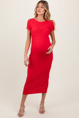 Three Little Tots Red Ruched Bust Short Sleeve Maternity Maxi Dress