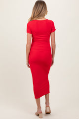 Three Little Tots Red Ruched Bust Short Sleeve Maternity Maxi Dress, alternate angle