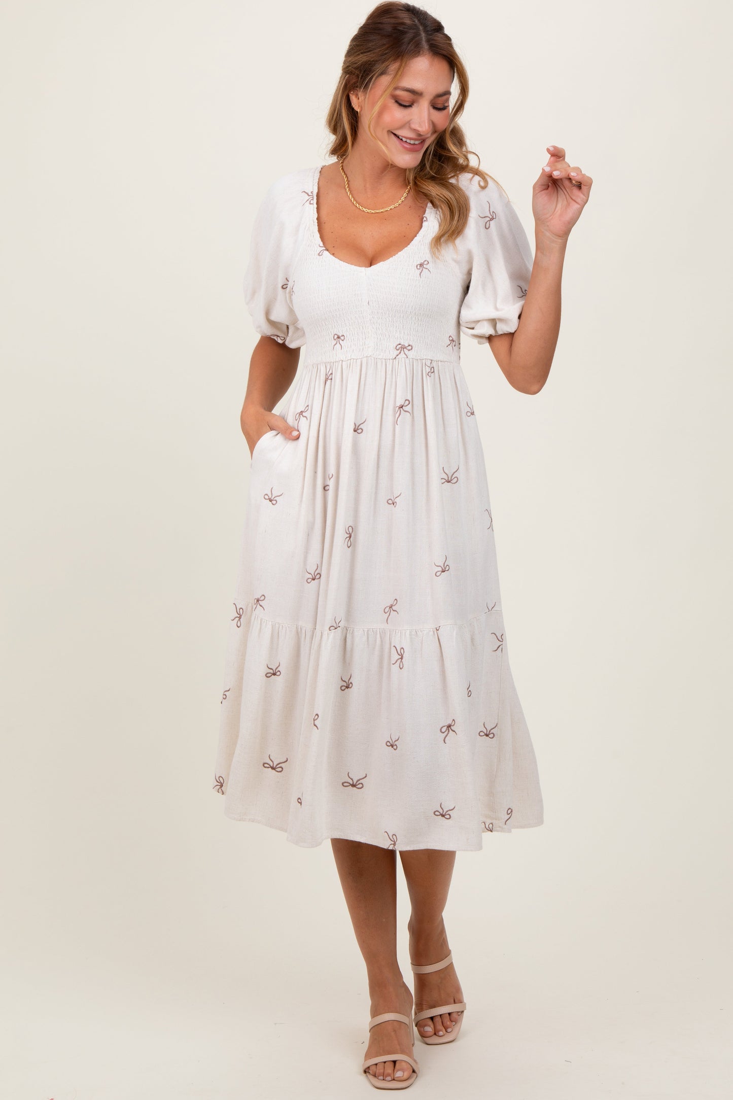 Three Little Tots Cream Ribbon Print Smocked Maternity Midi Dress, another angle