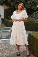 Three Little Tots Cream Ribbon Print Smocked Maternity Midi Dress, additional product photo