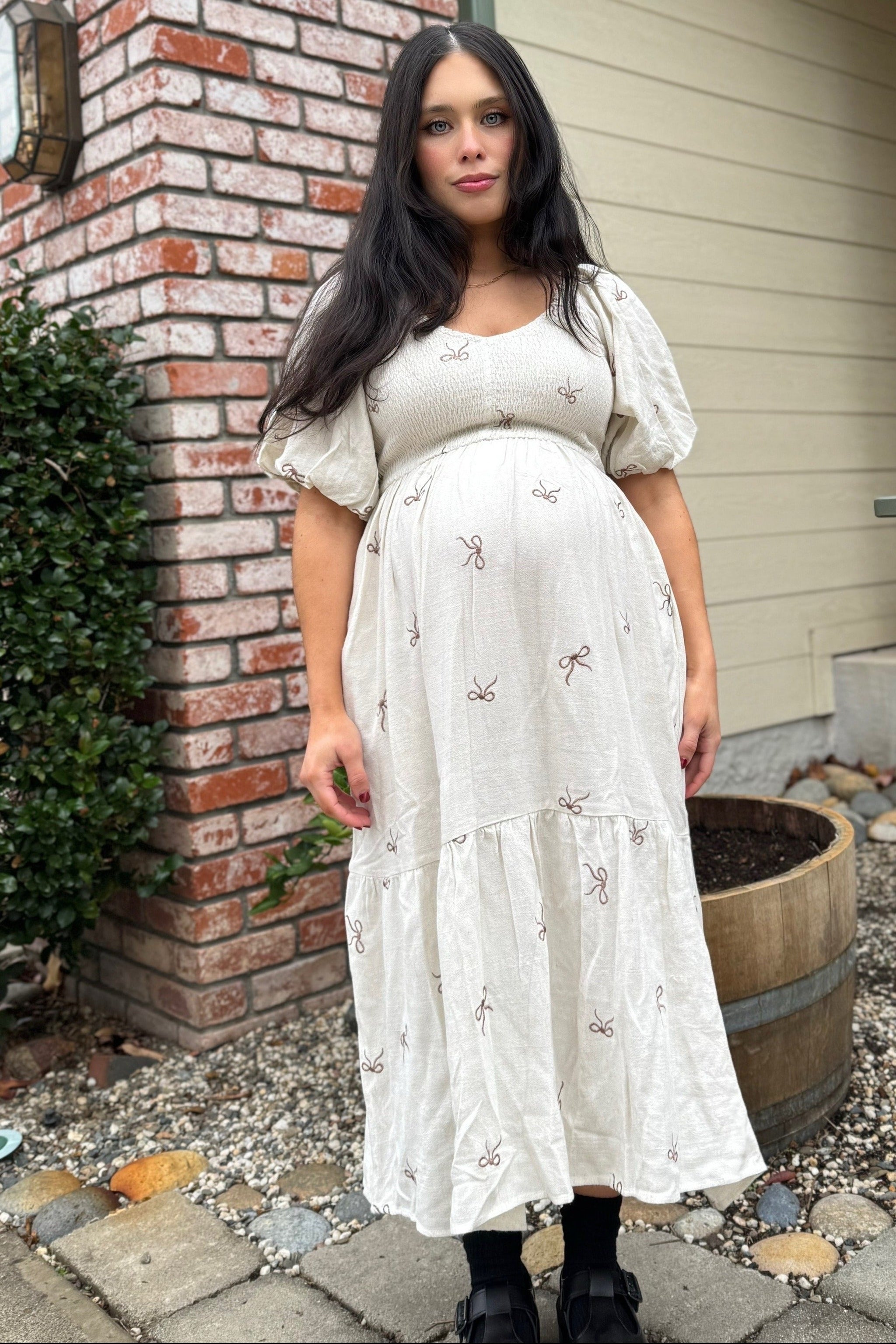 Three Little Tots Cream Ribbon Print Smocked Maternity Midi Dress, supplementary photo