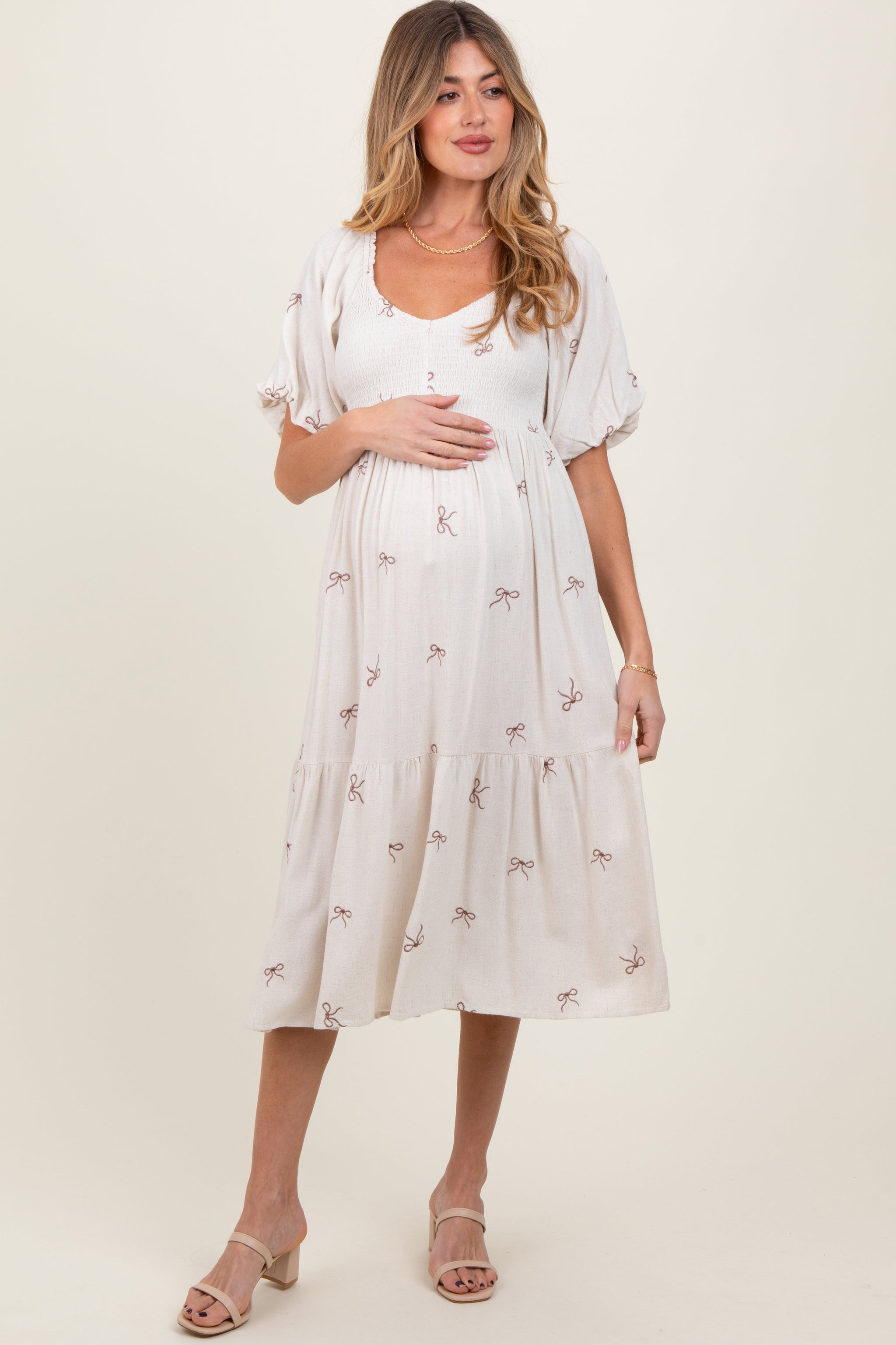 Three Little Tots Cream Ribbon Print Smocked Maternity Midi Dress