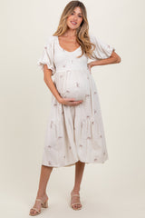Three Little Tots Cream Ribbon Print Smocked Maternity Midi Dress, alternate angle