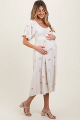 Three Little Tots Cream Ribbon Print Smocked Maternity Midi Dress, additional view