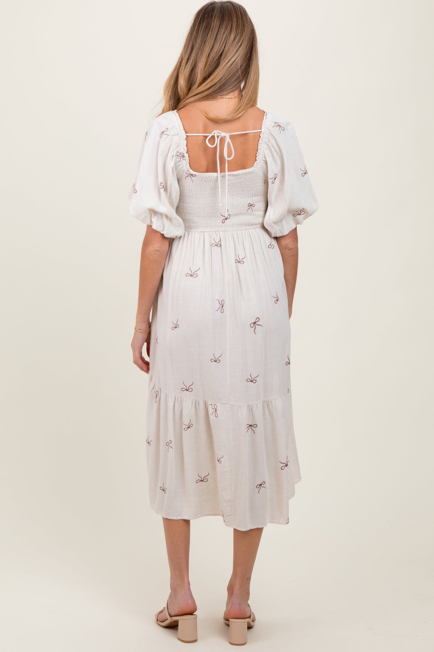 Three Little Tots Cream Ribbon Print Smocked Maternity Midi Dress, extra product detail
