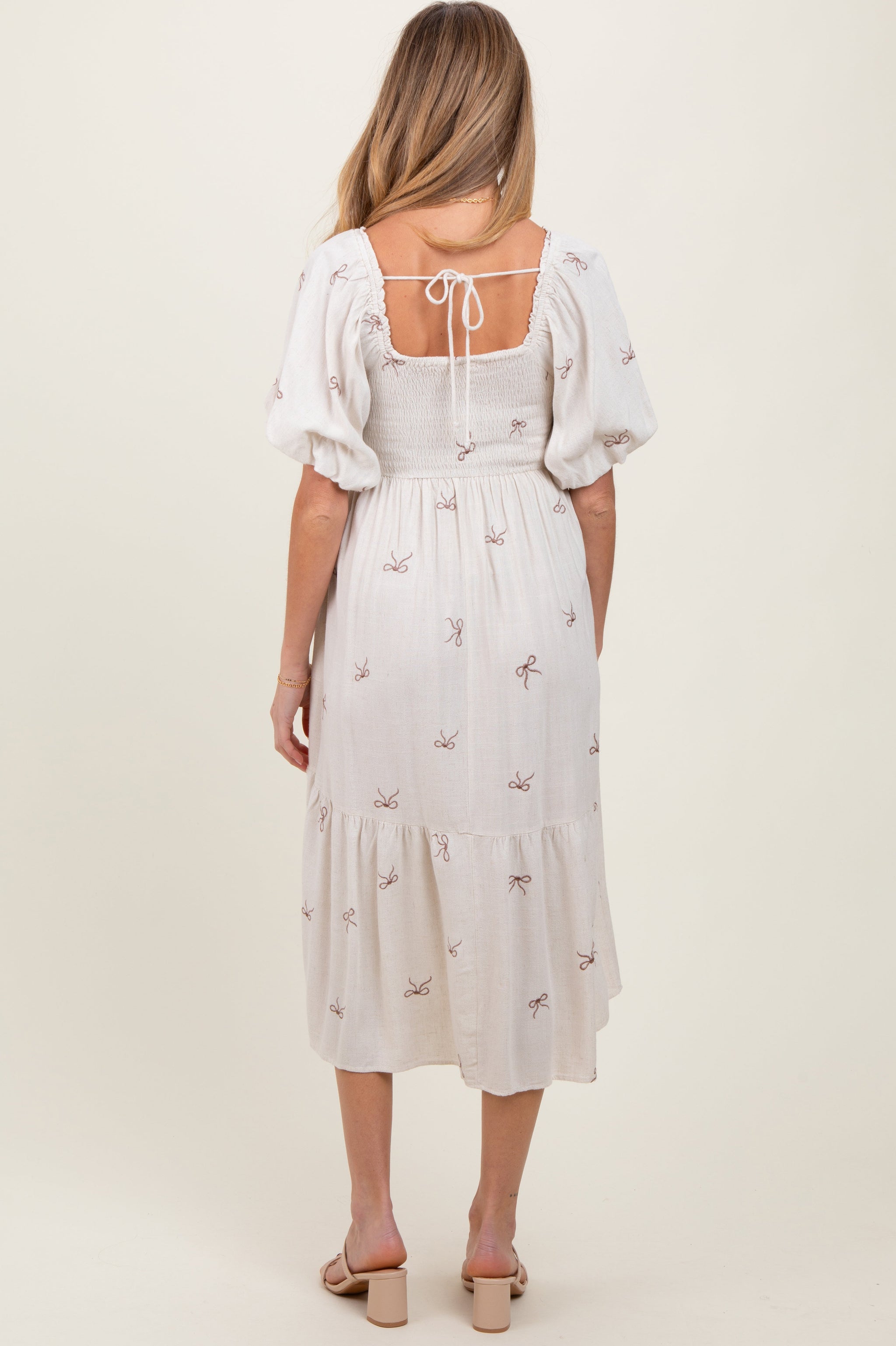 Three Little Tots Cream Ribbon Print Smocked Maternity Midi Dress, extra product detail