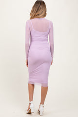 Three Little Tots Lavender Mesh Overlay Fitted Maternity Midi Dress, alternate angle