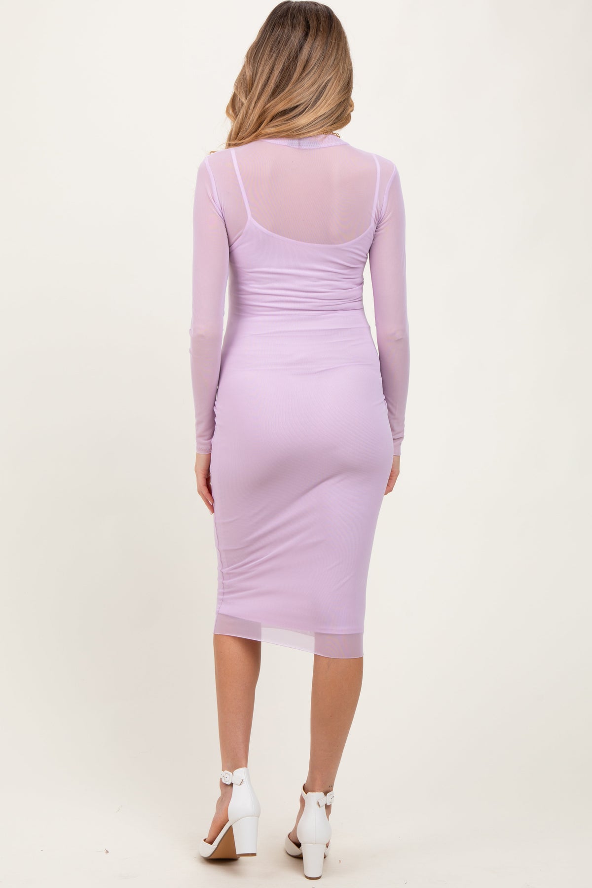 Three Little Tots Lavender Mesh Overlay Fitted Maternity Midi Dress, alternate angle