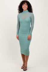Three Little Tots Light Olive Mesh Overlay Fitted Maternity Midi Dress, additional view