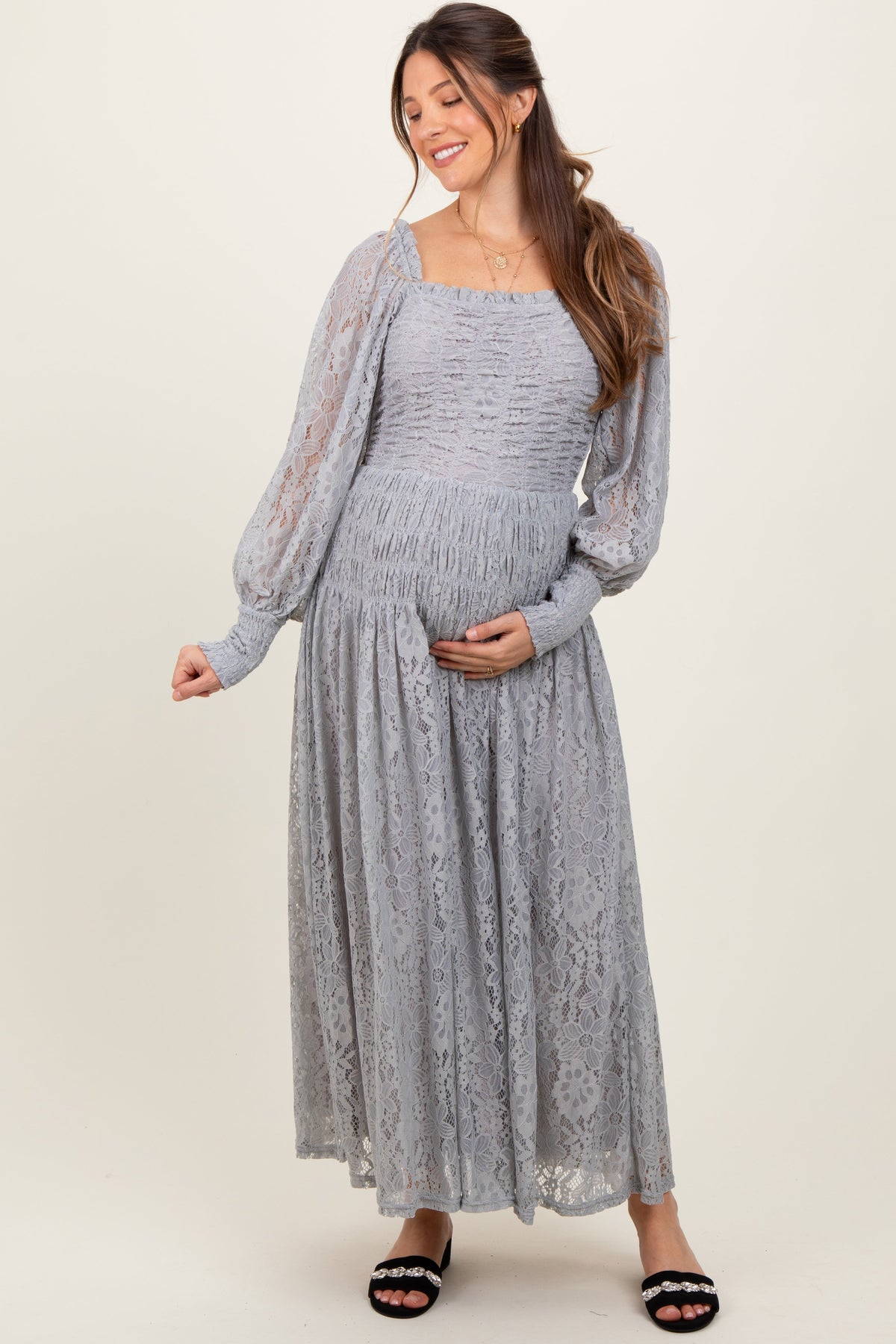 Three Little Tots Heather Grey Lace Smocked Bubble Sleeve Maternity Maxi Dress