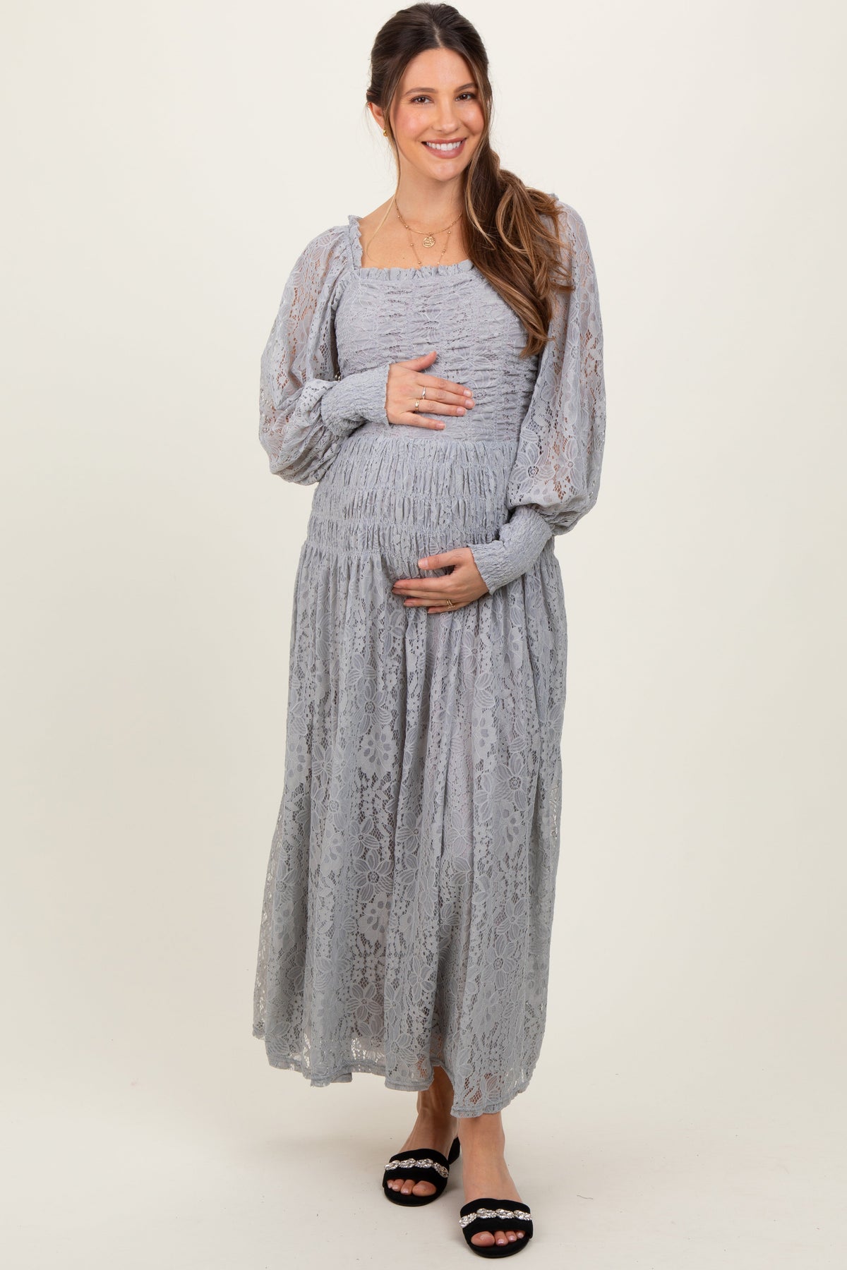 Three Little Tots Heather Grey Lace Smocked Bubble Sleeve Maternity Maxi Dress, additional product photo