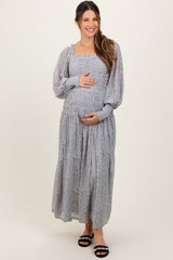 Three Little Tots Heather Grey Lace Smocked Bubble Sleeve Maternity Maxi Dress, additional product photo
