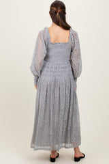 Three Little Tots Heather Grey Lace Smocked Bubble Sleeve Maternity Maxi Dress, alternate angle