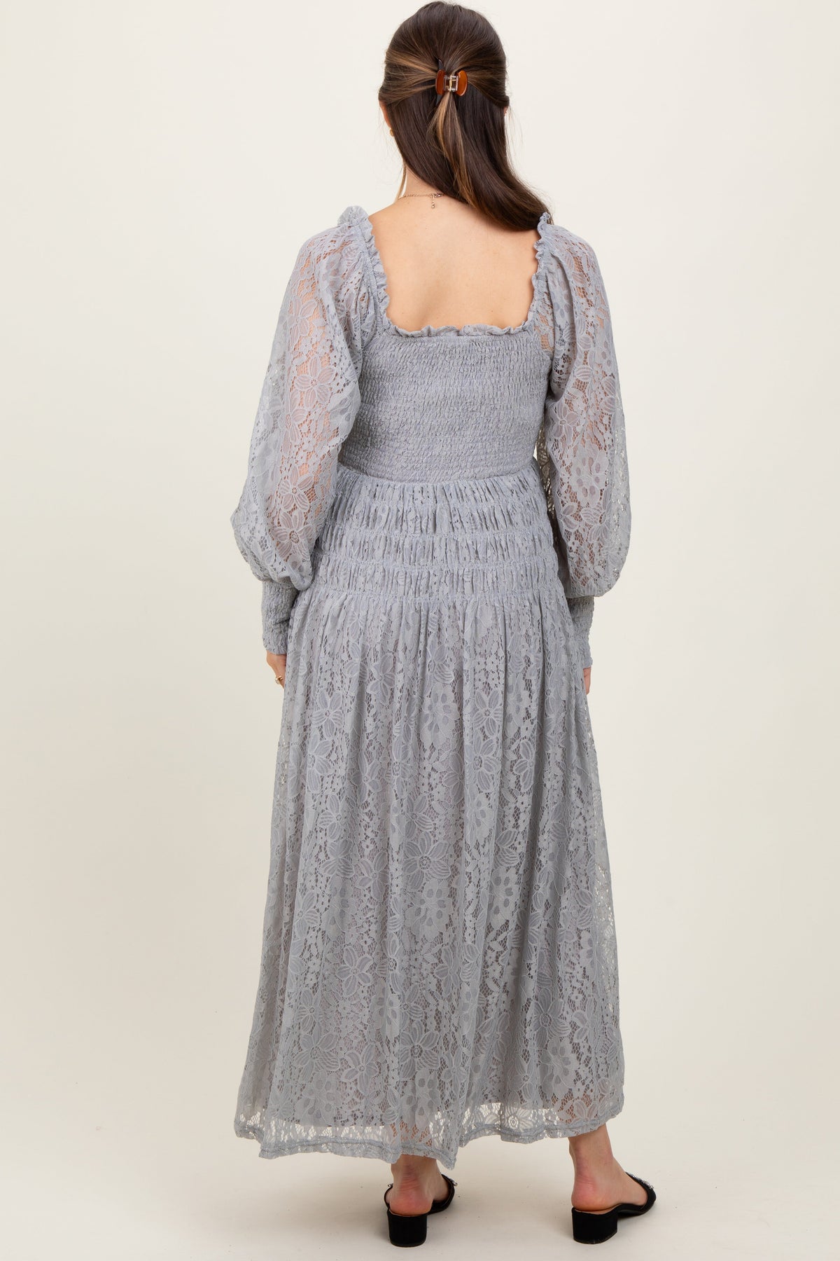 Three Little Tots Heather Grey Lace Smocked Bubble Sleeve Maternity Maxi Dress, alternate angle