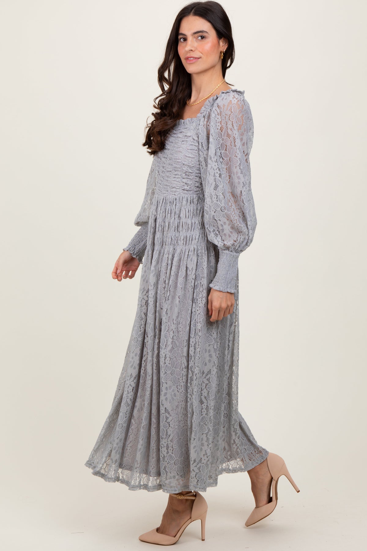 Three Little Tots Heather Grey Lace Smocked Bubble Sleeve Maternity Maxi Dress, additional view